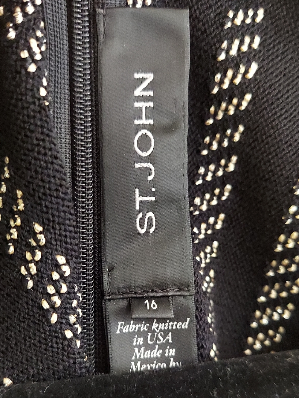 St. John Dress, Size 16, Black Knit, Metallic Gold, Tulip Skirt - Picture 3 of 12